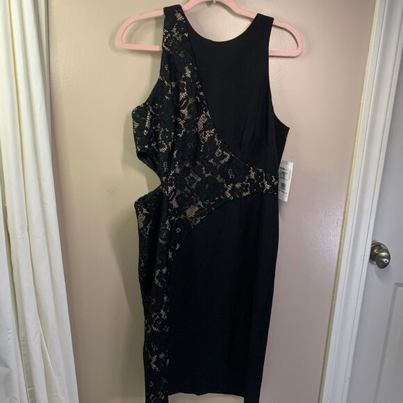 NWT Aidan Mattox Black Nude Crepe Lace Cutout Cocktail Dress Sz 14 - Picture 2 of 10